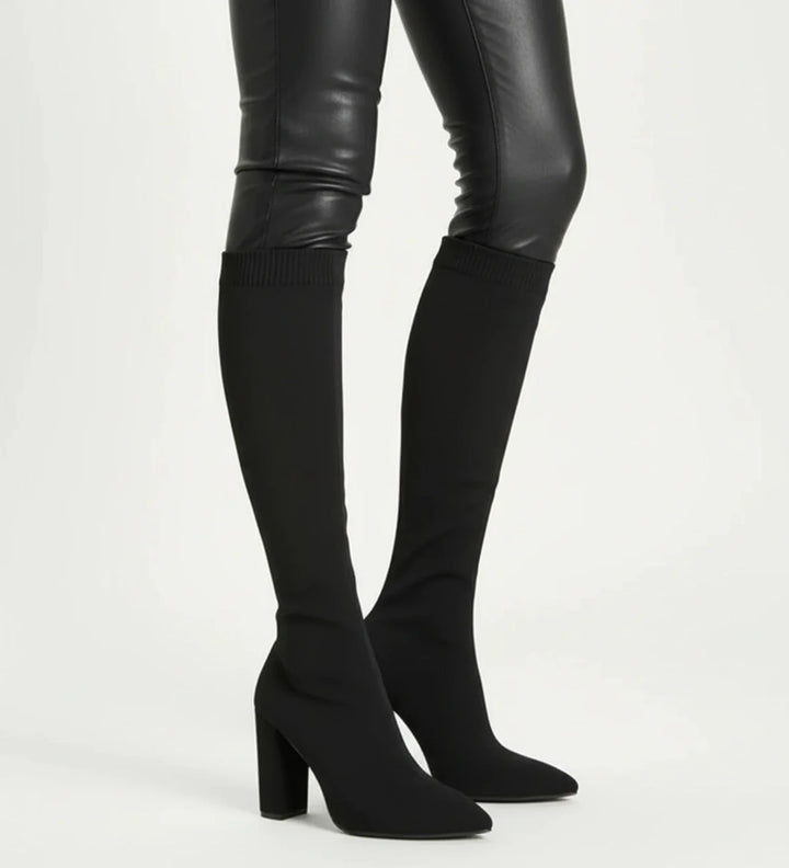 Stylish Knit Knee High Boots for Women with Pointed Toe Block Heel Sock Fit Style