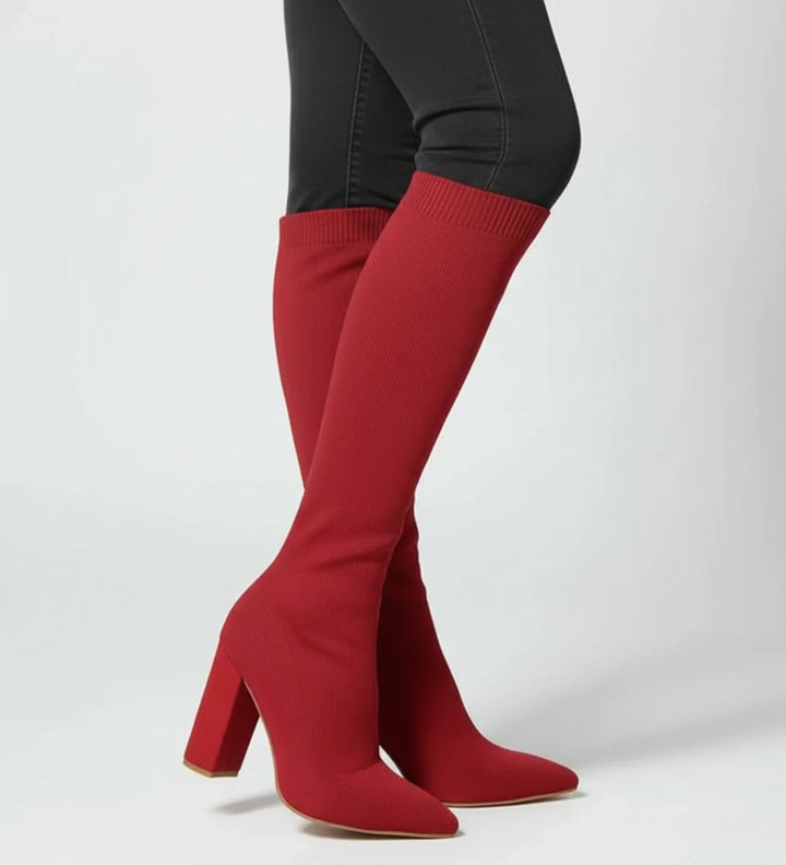 Stylish Knit Knee High Boots for Women with Pointed Toe Block Heel Sock Fit Style