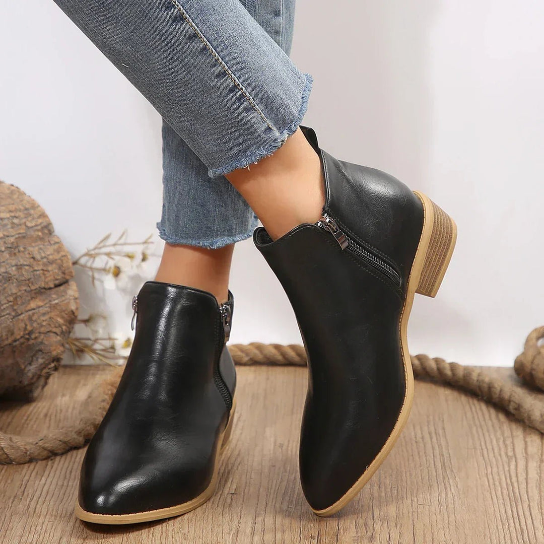 Sleek Black Boots for Women with Leather Side Zip Pointed Toe Block Heel Ankle Style