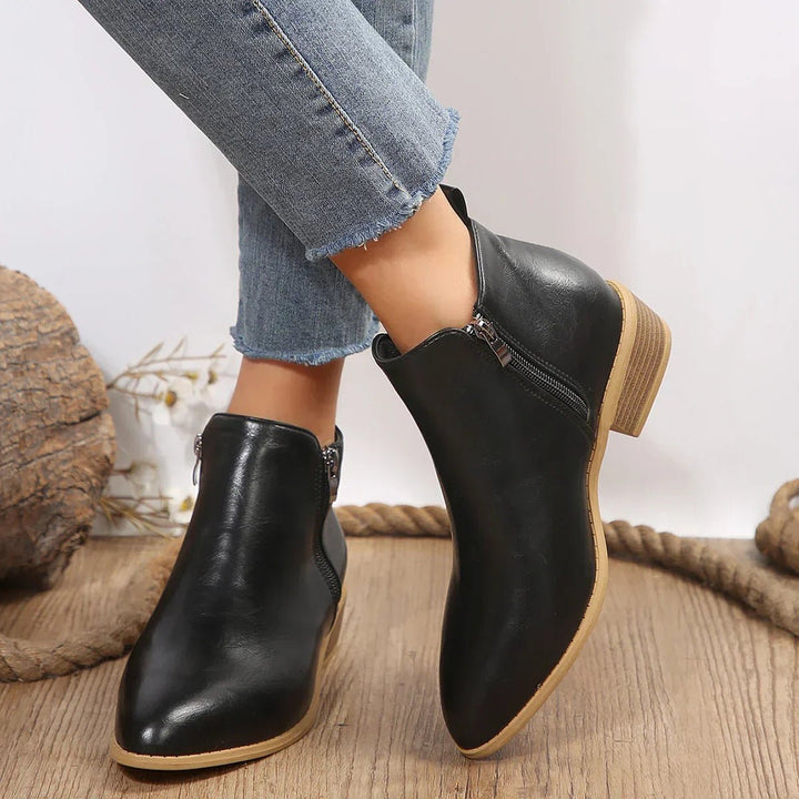 Sleek Black Boots for Women with Leather Side Zip Pointed Toe Block Heel Ankle Style