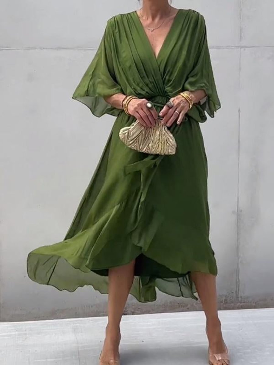 Elegant Chiffon Cocktail Party Dress for Women with V Neck Belted Flowing Bohemian Style