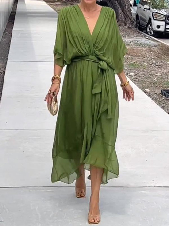Elegant Chiffon Cocktail Party Dress for Women with V Neck Belted Flowing Bohemian Style
