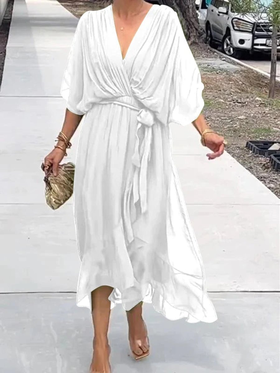 Elegant Chiffon Cocktail Party Dress for Women with V Neck Belted Flowing Bohemian Style