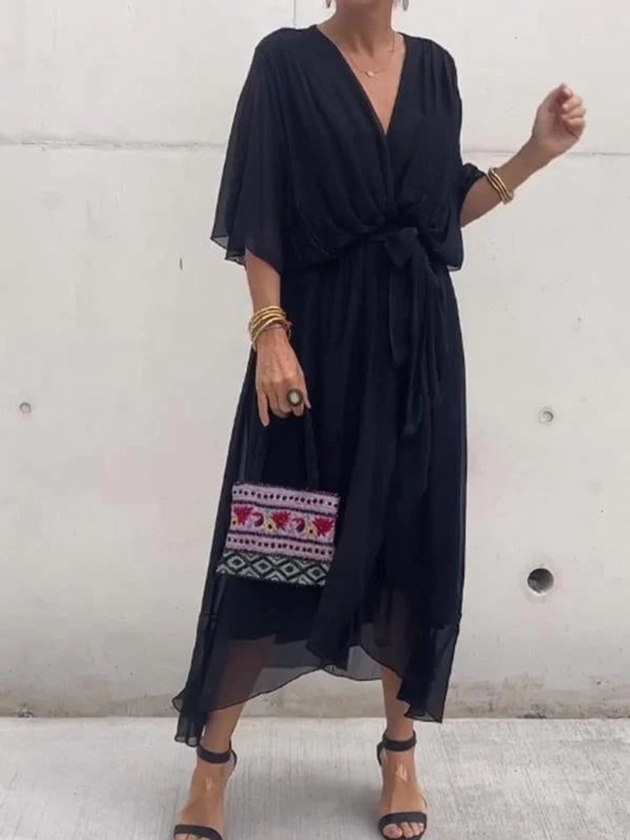 Elegant Chiffon Cocktail Party Dress for Women with V Neck Belted Flowing Bohemian Style