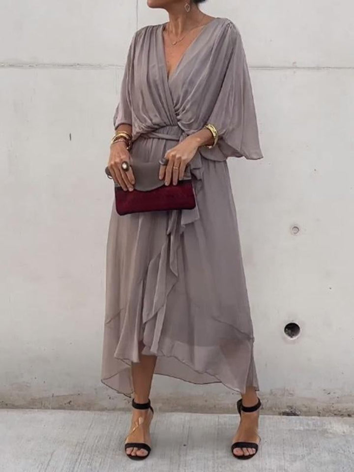 Elegant Chiffon Cocktail Party Dress for Women with V Neck Belted Flowing Bohemian Style