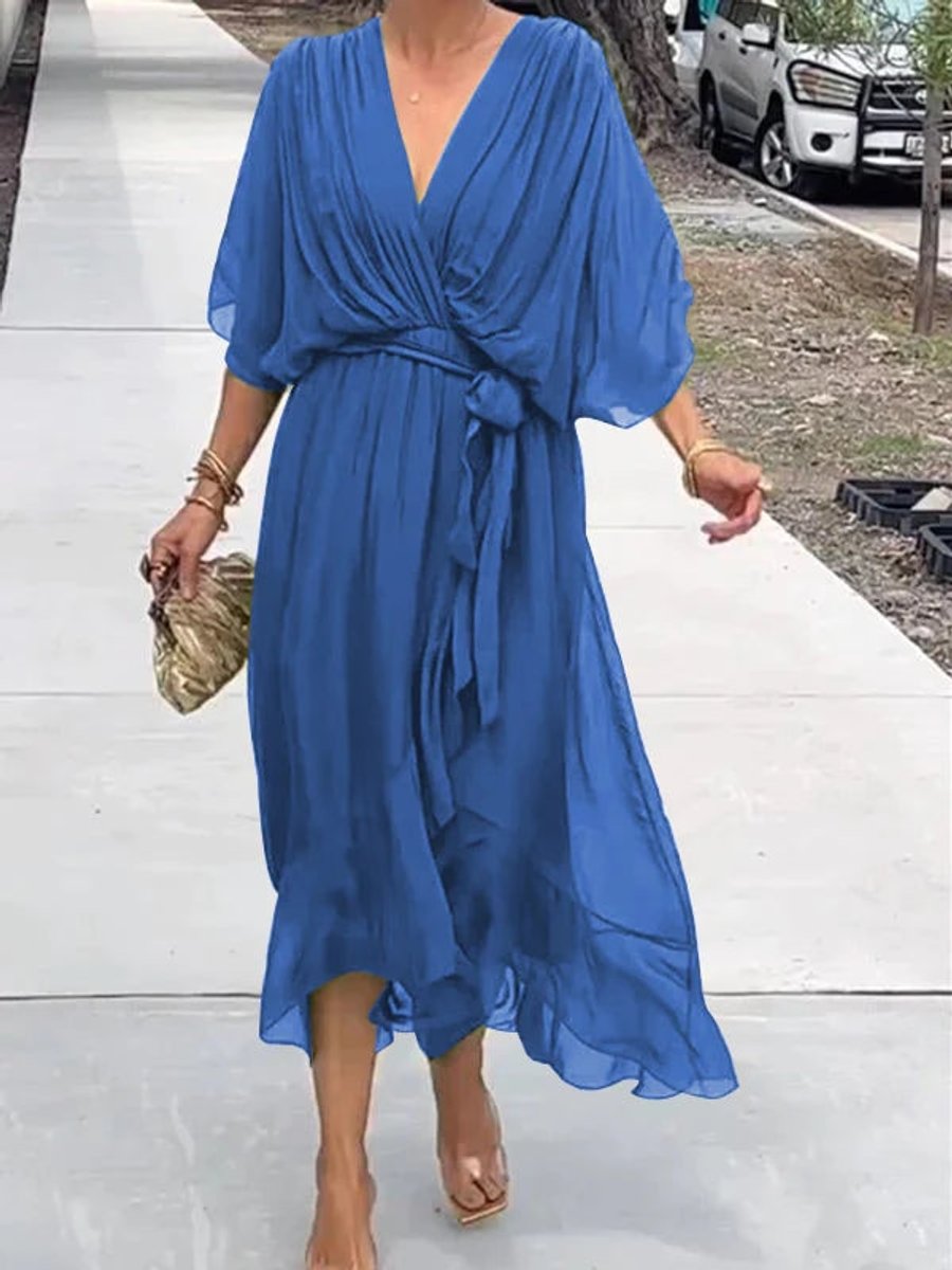 Elegant Chiffon Cocktail Party Dress for Women with V Neck Belted Flowing Bohemian Style
