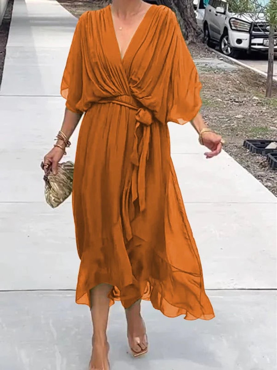 Elegant Chiffon Cocktail Party Dress for Women with V Neck Belted Flowing Bohemian Style