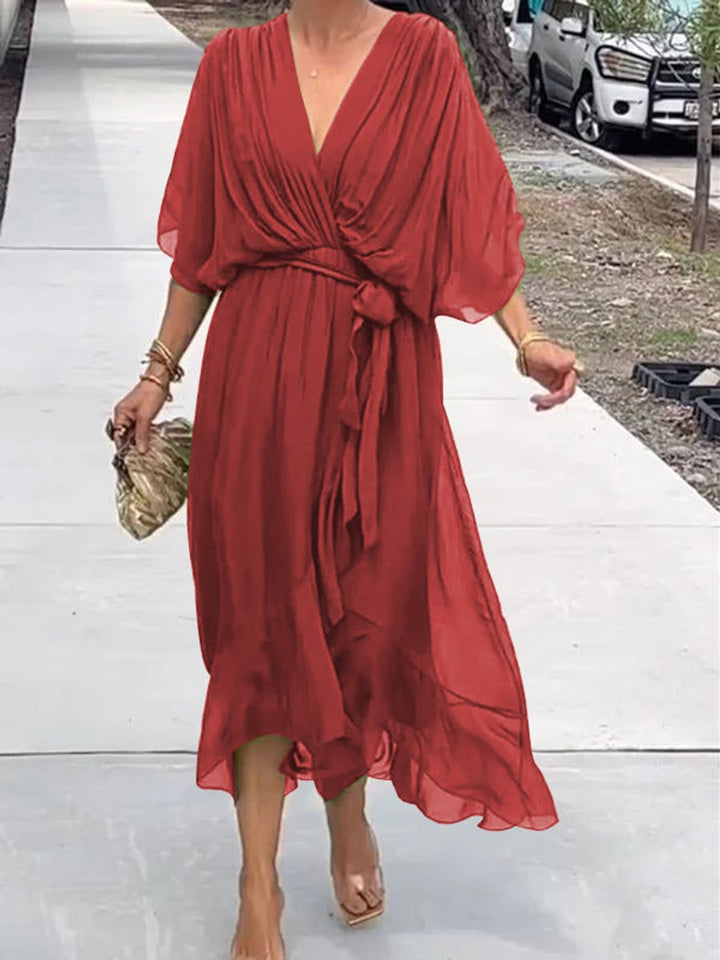 Elegant Chiffon Cocktail Party Dress for Women with V Neck Belted Flowing Bohemian Style