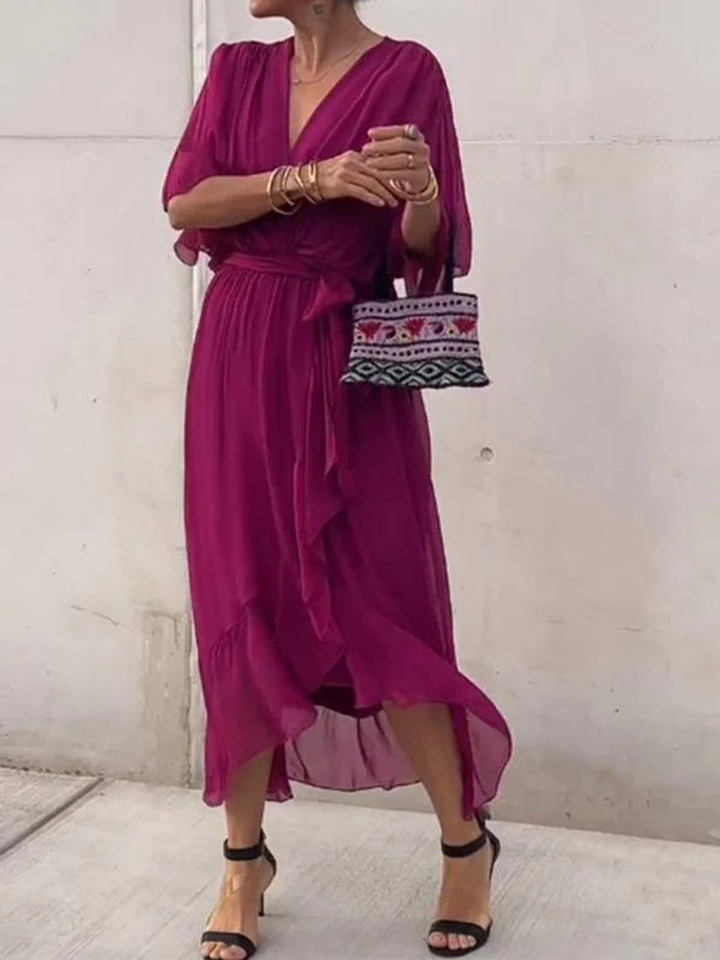 Elegant Chiffon Cocktail Party Dress for Women with V Neck Belted Flowing Bohemian Style