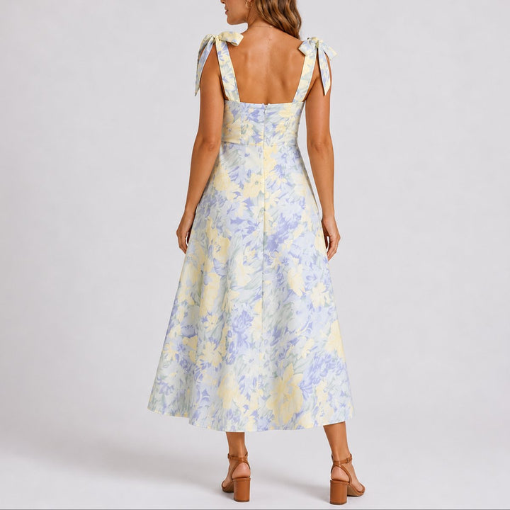 Elegant Floral Autumn Wedding Guest Dress for Women with Sweetheart Neckline Tie Strap Ruched Pleated Style