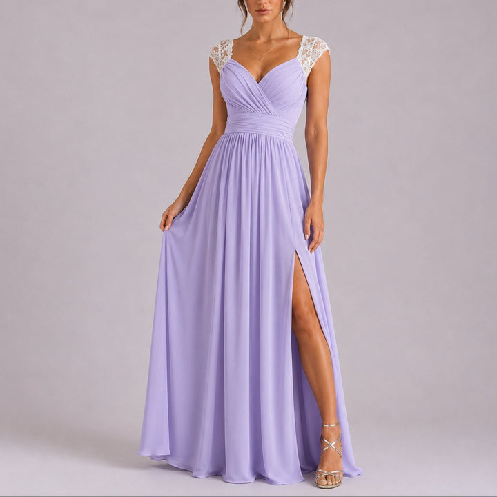 Elegant Chiffon Autumn Wedding Guest Dress for Women with V Neck Lace Cap Sleeve Ruched Slit Flowing Style