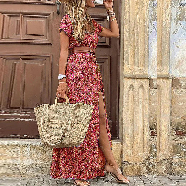 Bohemian Floral Dress for Women with V Neck Sleeveless Side Split Maxi Casual Style