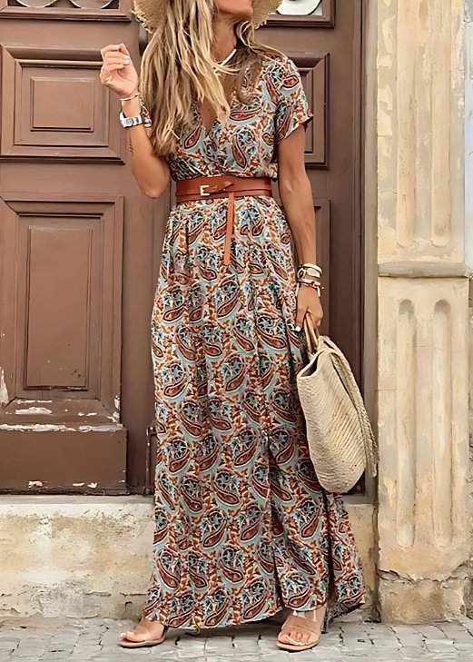 Bohemian Floral Dress for Women with V Neck Sleeveless Side Split Maxi Casual Style