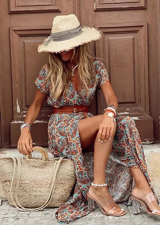 Bohemian Floral Dress for Women with V Neck Sleeveless Side Split Maxi Casual Style