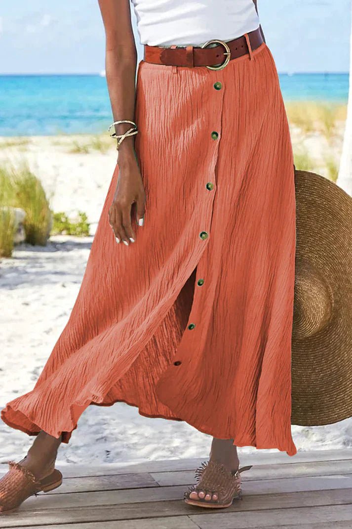 Effortless Textured Button Front Maxi Skirt for Women with High Waist Belted Side Slit Flowing Bohemian Style