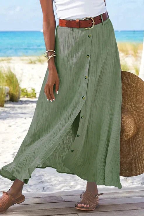Effortless Textured Button Front Maxi Skirt for Women with High Waist Belted Side Slit Flowing Bohemian Style