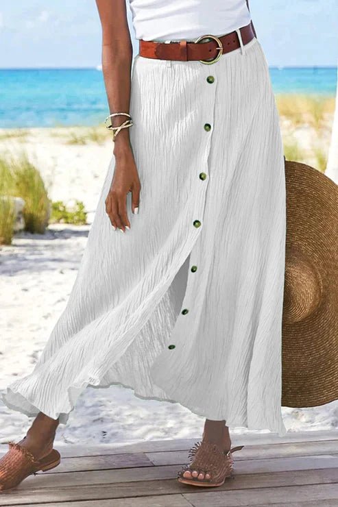 Effortless Textured Button Front Maxi Skirt for Women with High Waist Front Slit Flowing Bohemian Style