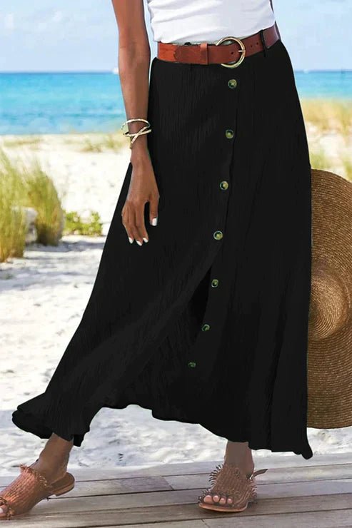 Effortless Textured Button Front Maxi Skirt for Women with High Waist Front Slit Flowing Bohemian Style