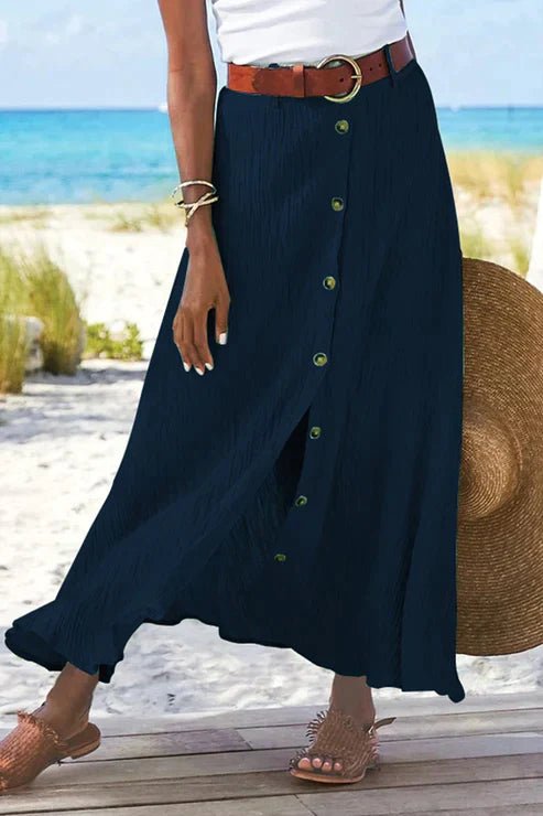 Effortless Textured Button Front Maxi Skirt for Women with High Waist Front Slit Flowing Bohemian Style