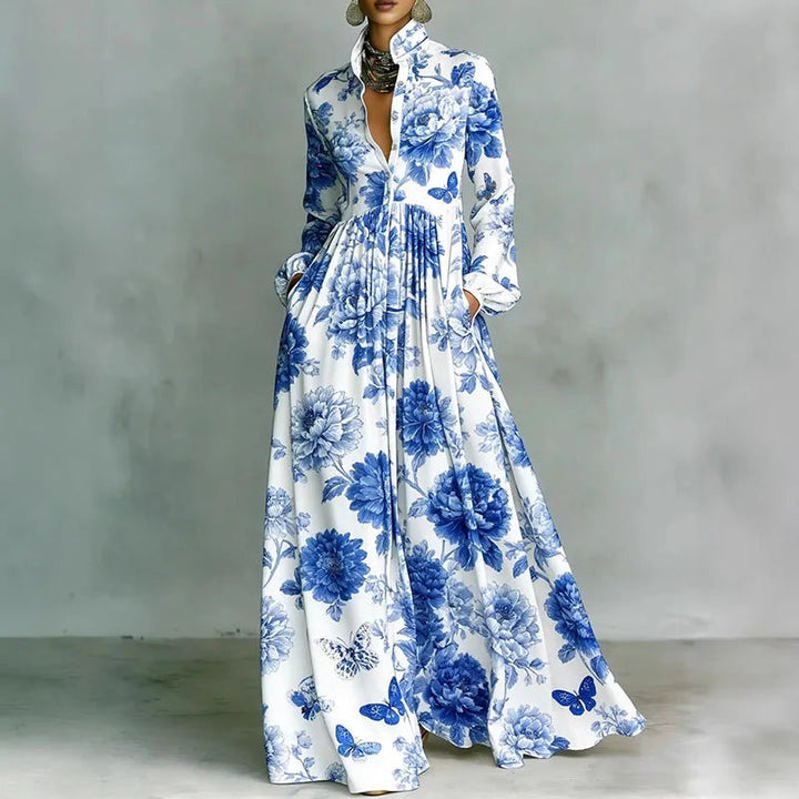 Effortless Printed Maxi Dress for Women with Stand Collar Long Sleeve Button Front High Waist Bohemian Style