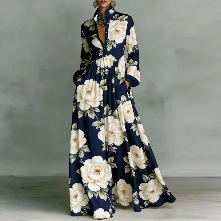 Effortless Printed Maxi Dress for Women with Stand Collar Long Sleeve Button Front High Waist Bohemian Style
