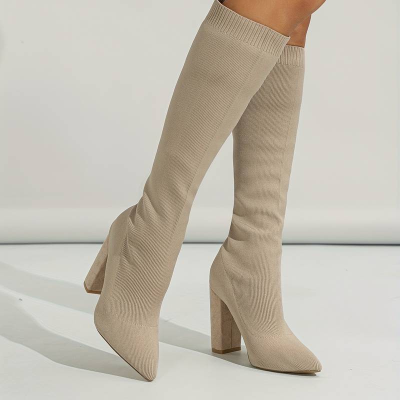 Sleek Knit Knee High Boots for Women with Pointed Toe Block Heel Ribbed Shaft Style
