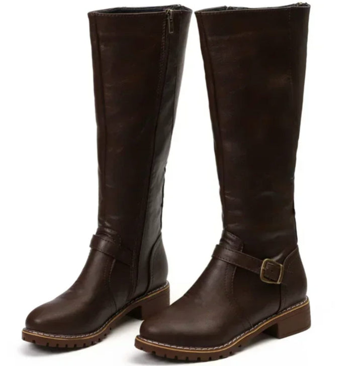 Elegant Brown Boots for Women with Knee High Buckle Strap Side Zip Riding Style