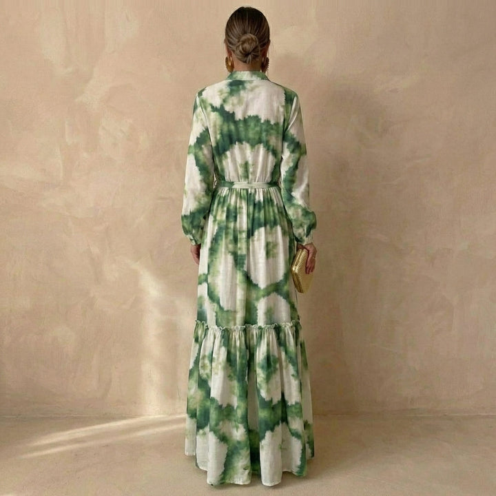 Effortless Green Dress for Women with V Neck Long Sleeve Tie Dye Maxi Tiered Bohemian Style