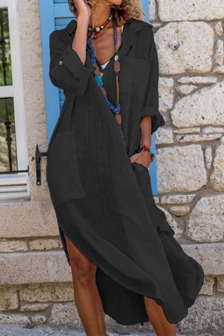 Effortless Linen Midi Dress for Women with Oversized Shirt Dress Boho Evening Style