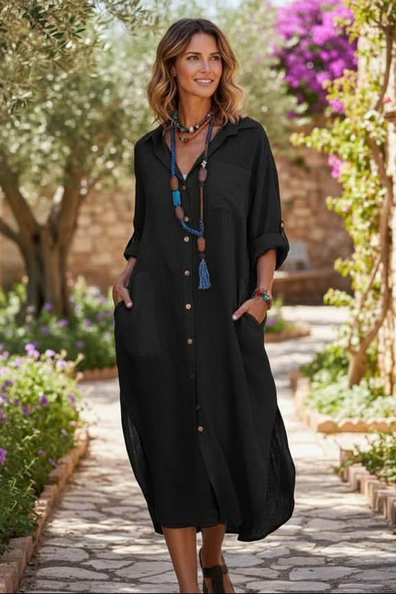 Effortless Linen Midi Dress for Women with Oversized Shirt Dress Boho Evening Style