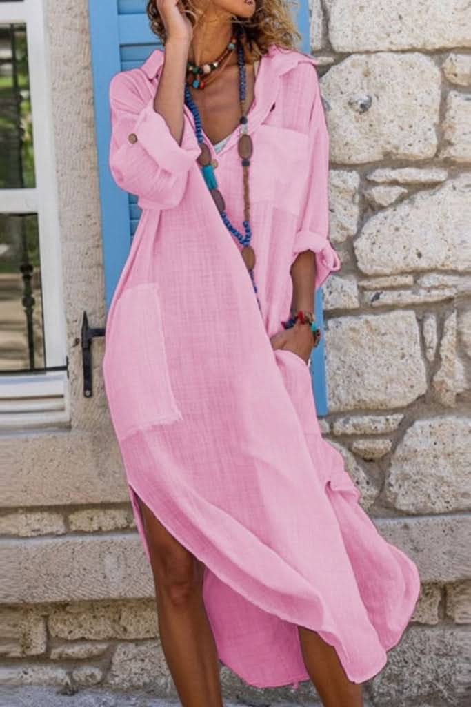 Effortless Linen Midi Dress for Women with Oversized Shirt Dress Boho Evening Style