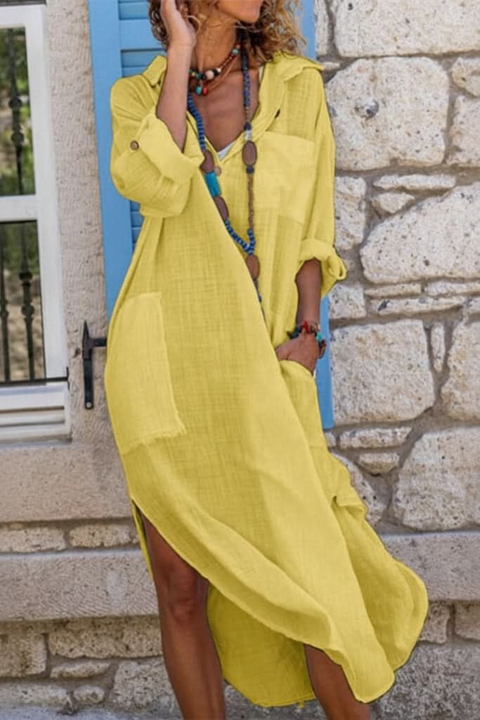 Effortless Linen Midi Dress for Women with Oversized Shirt Dress Boho Evening Style