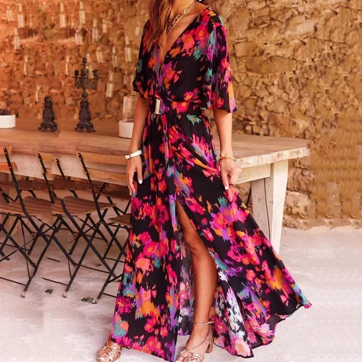 Effortless Floral Print Maxi Wrap Dress for Women with V Neck Flutter Sleeve Side Slit Bohemian Style