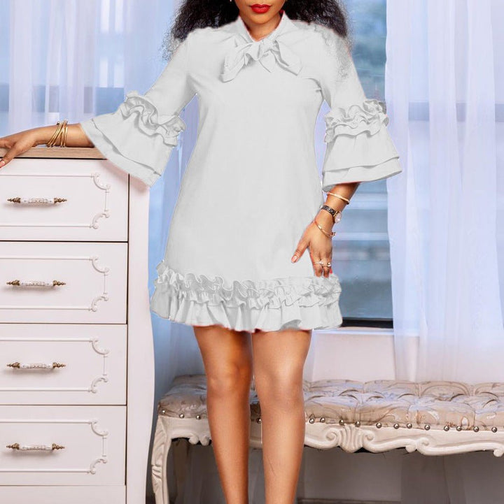 Effortless Mini Dress for Women with Ruffle Hem Bow Neck Tunic Style