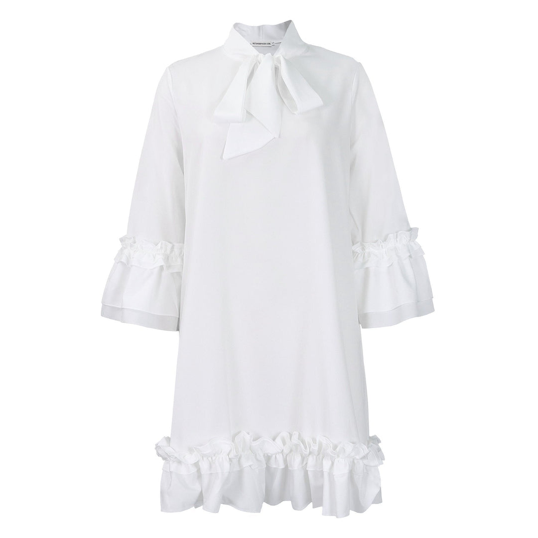 Effortless Mini Dress for Women with Ruffle Hem Bow Neck Tunic Style
