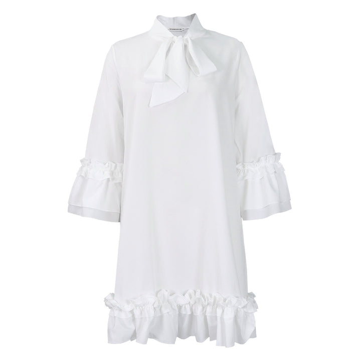 Effortless Mini Dress for Women with Ruffle Hem Bow Neck Tunic Style