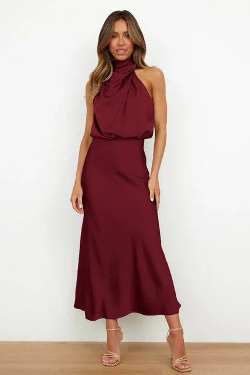 Elegant Satin Maxi Dress for Women with High Neck Halter Draped Bodice Flowing Fall Wedding Guest Style