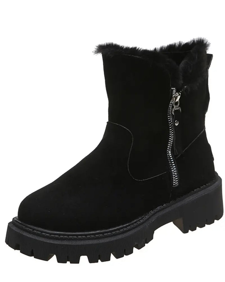 Cozy Black Ankle Boots for Women with Fleece Lining Side Zip Lug Sole Style