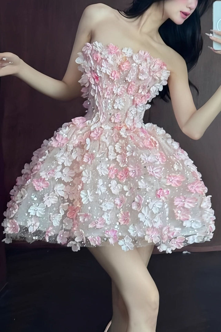 Elegant Floral Mini Dress for Women with Strapless Structured Bodice Cocktail Party Style