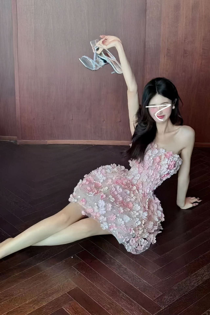 Elegant Floral Mini Dress for Women with Strapless Structured Bodice Cocktail Party Style