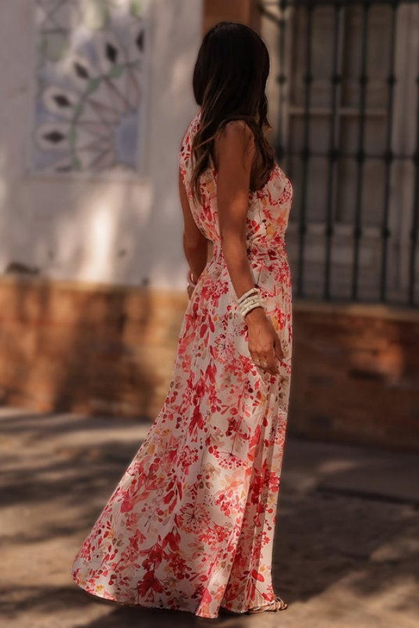 Elegant Pink Dress for Women with Halter Neck Sleeveless Floral Maxi Tiered Flowing Bohemian Style