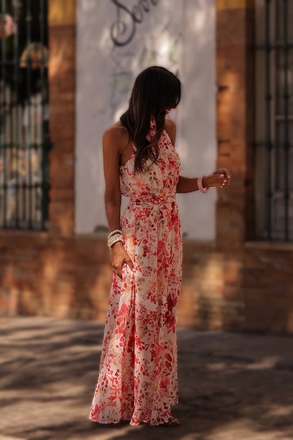 Elegant Pink Dress for Women with Halter Neck Sleeveless Floral Maxi Tiered Flowing Bohemian Style