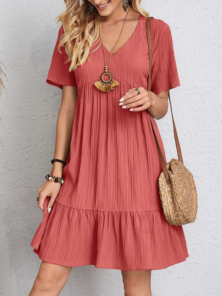 Effortless Tiered Mini Dress for Women with V Neck Short Sleeve Relaxed Casual Style