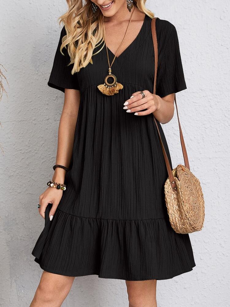 Effortless Tiered Mini Dress for Women with V Neck Short Sleeve Relaxed Casual Style