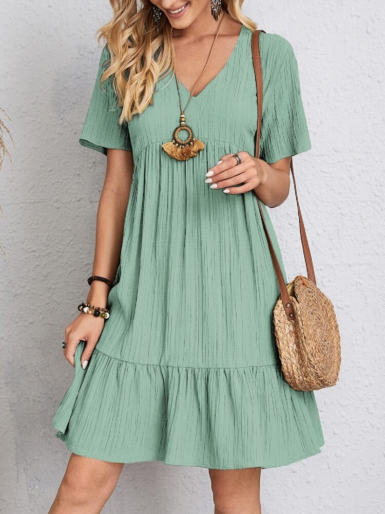 Effortless Tiered Mini Dress for Women with V Neck Short Sleeve Relaxed Casual Style