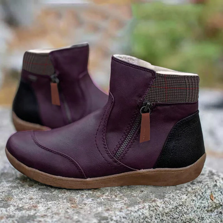 Comfortable Leather Waterproof Boots for Women with Side Zip Ankle Plaid Trim Casual Style
