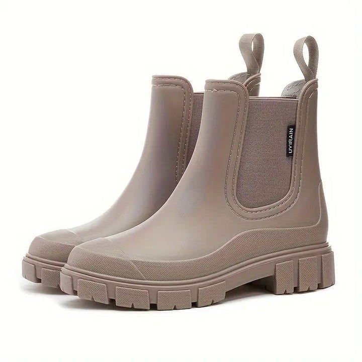 Comfortable Taupe Waterproof Chelsea Boots for Women with Chunky Sole Pull Tab Ankle Casual Style
