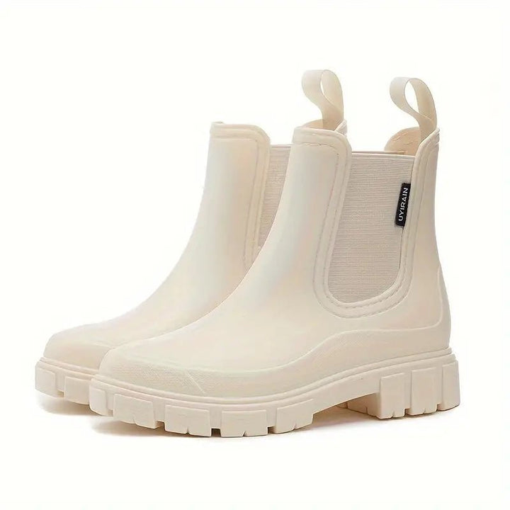 Comfortable Taupe Waterproof Chelsea Boots for Women with Chunky Sole Pull Tab Ankle Casual Style