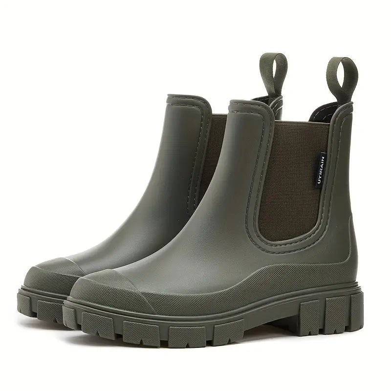 Comfortable Taupe Waterproof Chelsea Boots for Women with Chunky Sole Pull Tab Ankle Casual Style