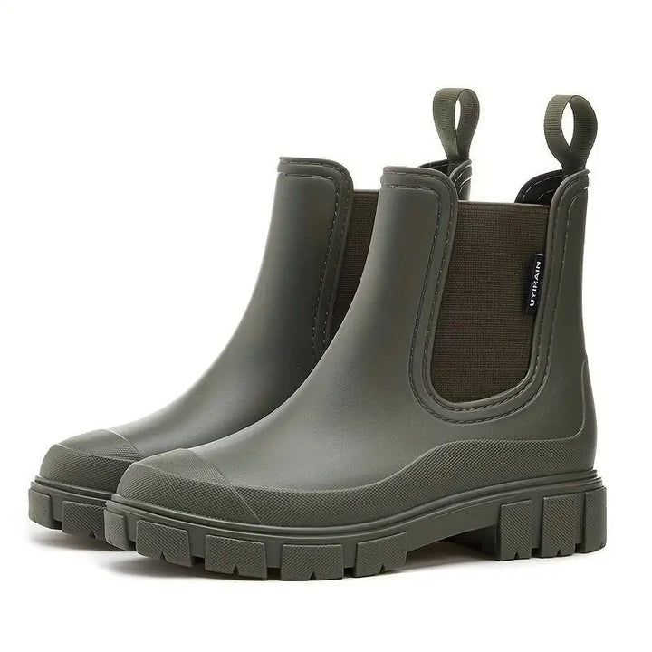 Comfortable Taupe Waterproof Chelsea Boots for Women with Chunky Sole Pull Tab Ankle Casual Style